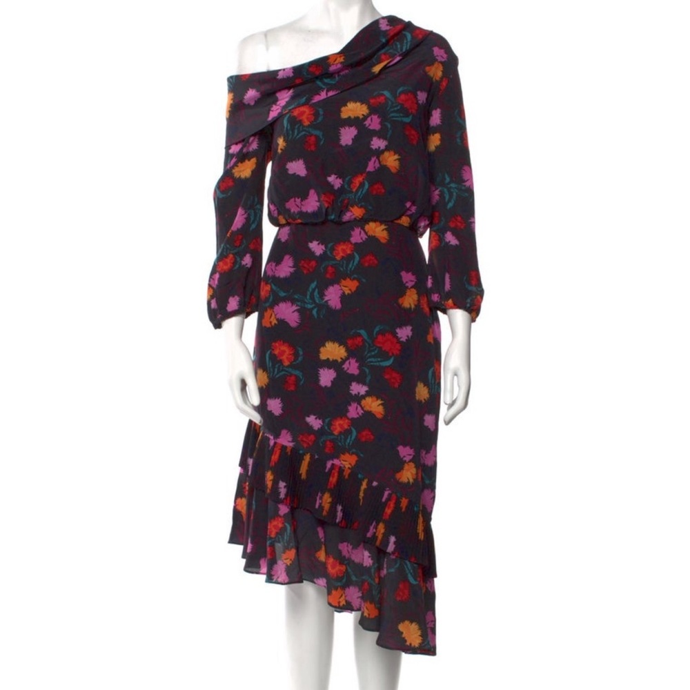 SALONI Black Azelea Floral Print LEXIE Asymmetric Off Shoulder Silk Midi Dress